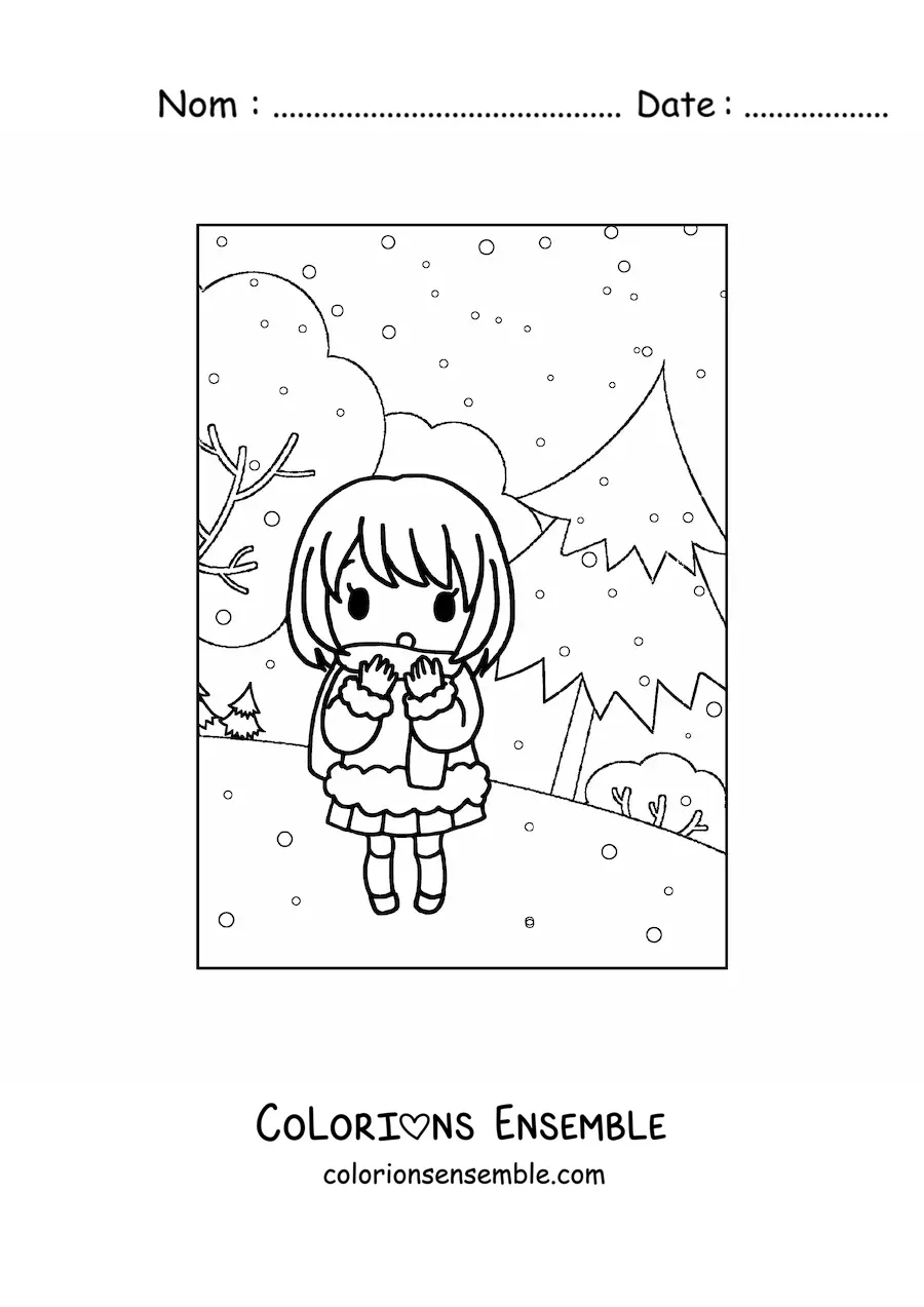 Image à colorier d'une petite fille kawaii en hiver