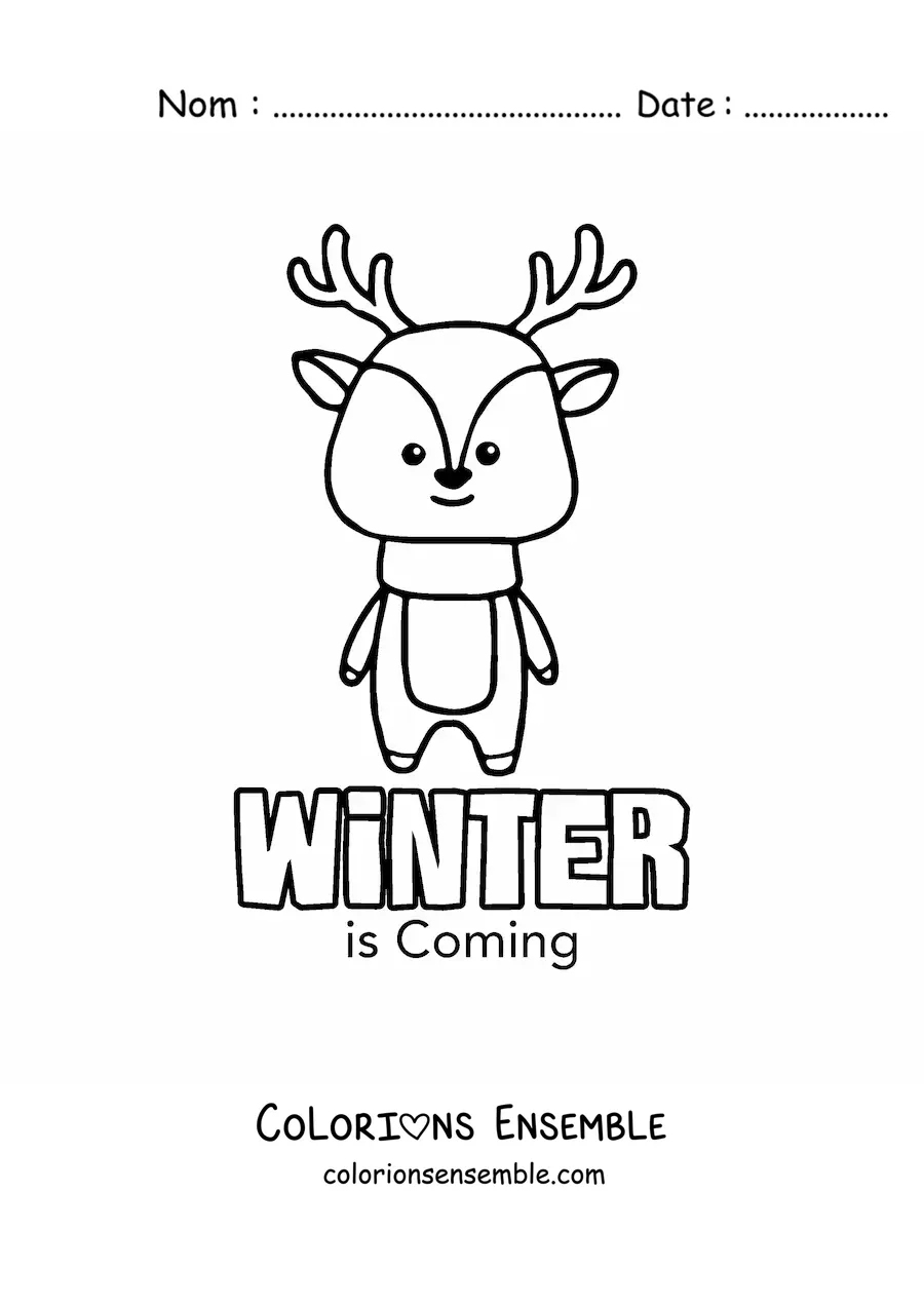 Image à colorier de l'hiver en anglais avec un cerf kawaii