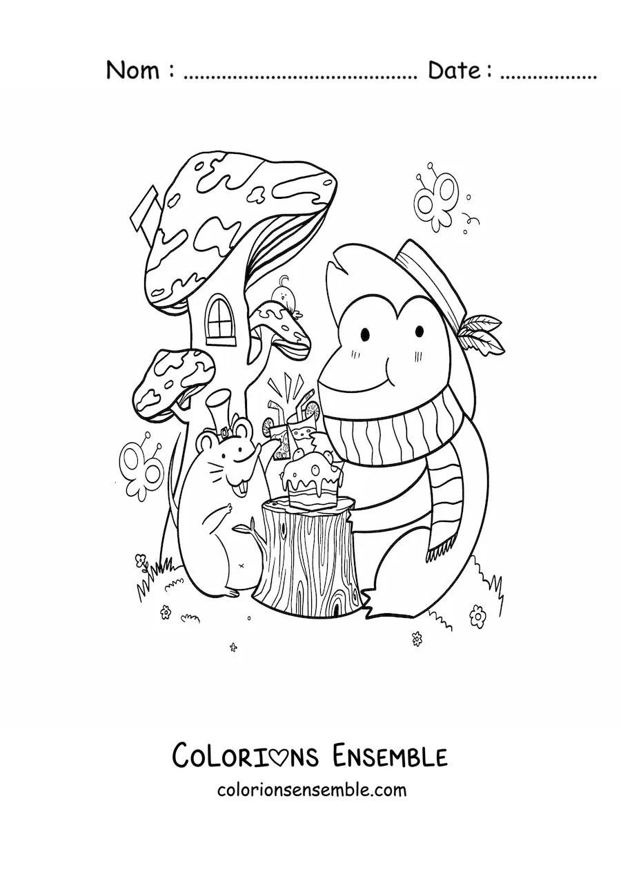 Image à colorier d'une grenouille et d'une souris kawaii animées à une fête