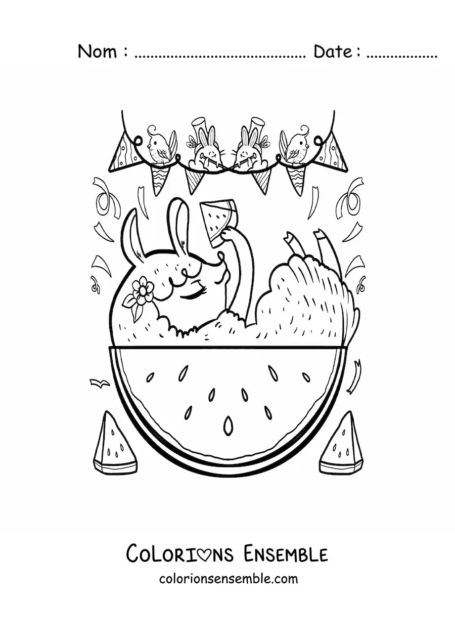 Image à colorier d'animaux kawaii animés qui mangent de la pastèque