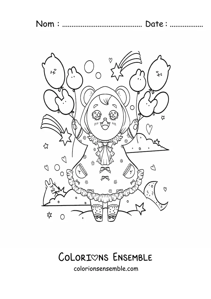 Image à colorier d'une petite ourse kawaii animée avec une robe et des ballons
