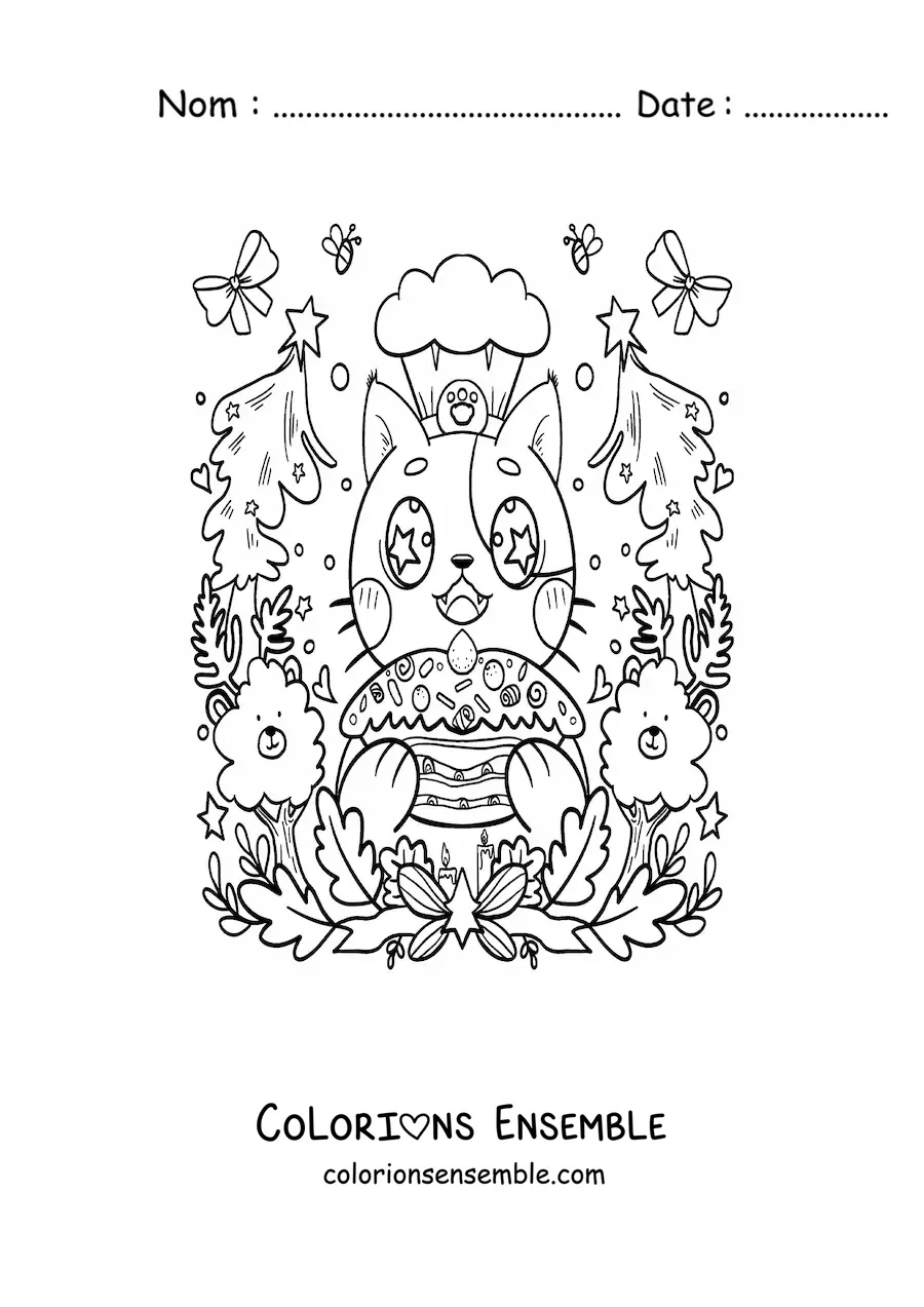 Image à colorier d'un chat chef kawaii animé avec un gâteau