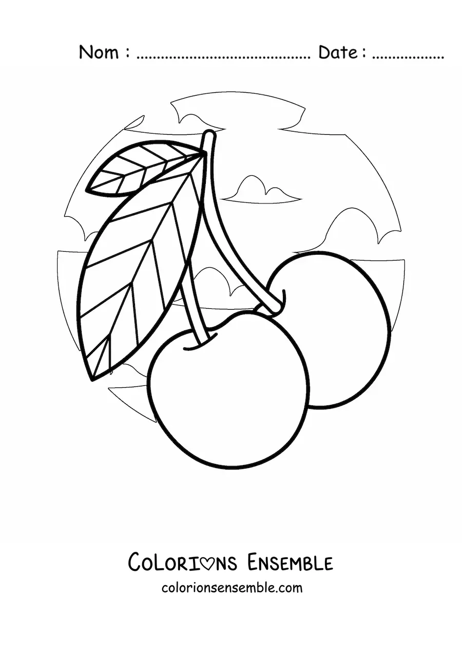 Image à colorier de deux cerises avec des nuages en arrière-plan