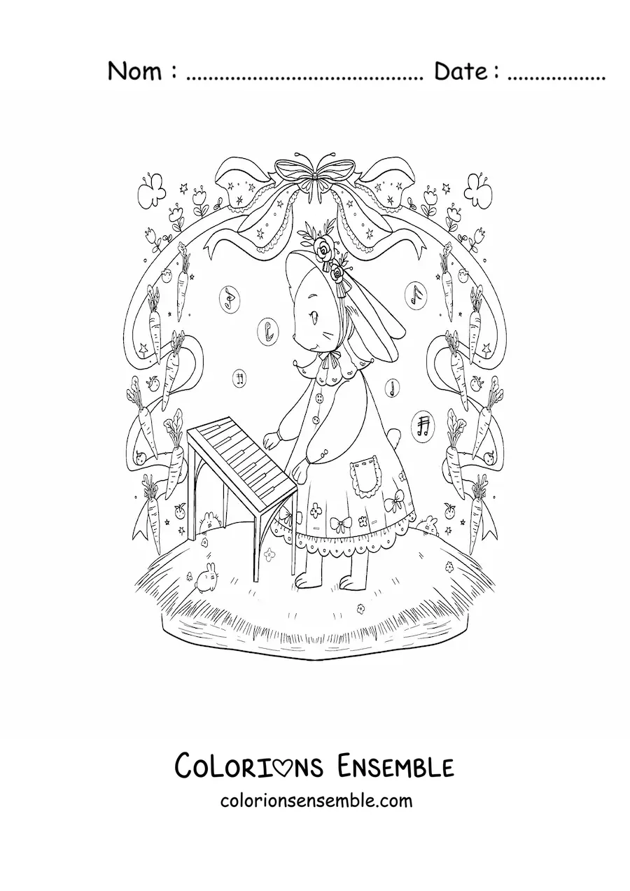 Image à colorier d'une petite lapine kawaii animée qui joue du piano