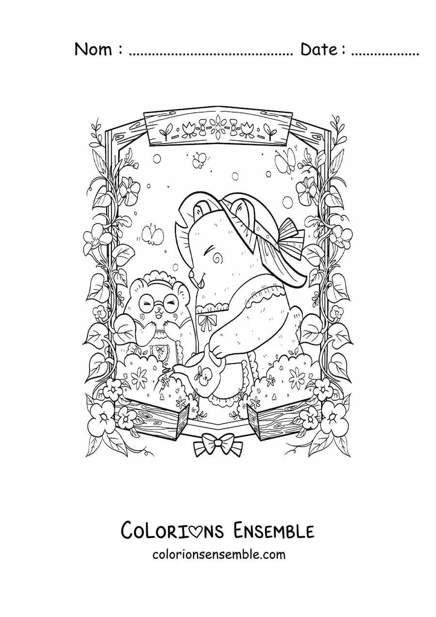 Image à colorier de hamsters kawaii animés qui arrosent les plantes