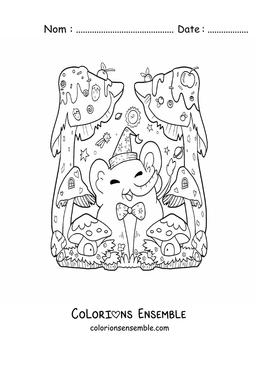 Image à colorier d'un éléphant kawaii animé avec des champignons fantastiques
