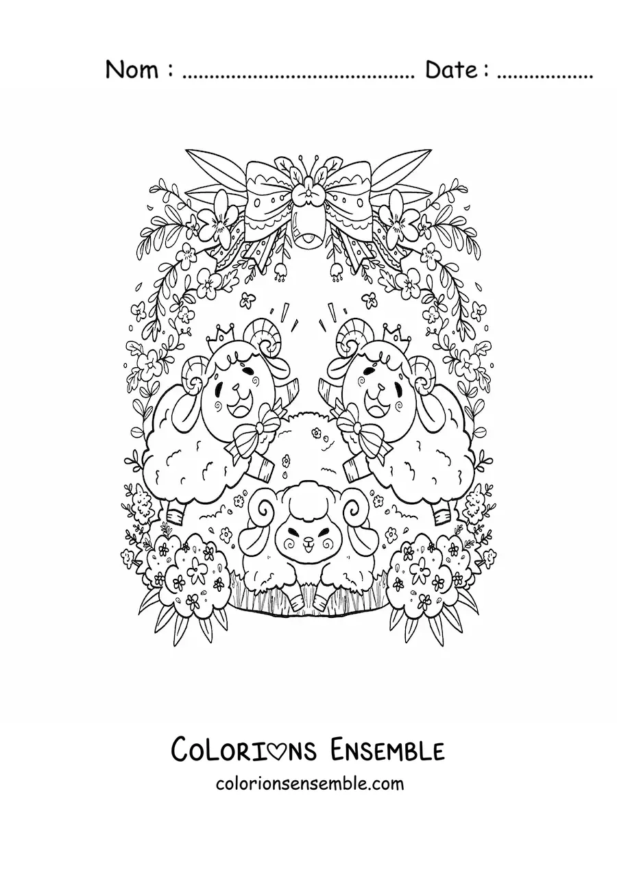 Image à colorier de béliers kawaii animés avec des fleurs