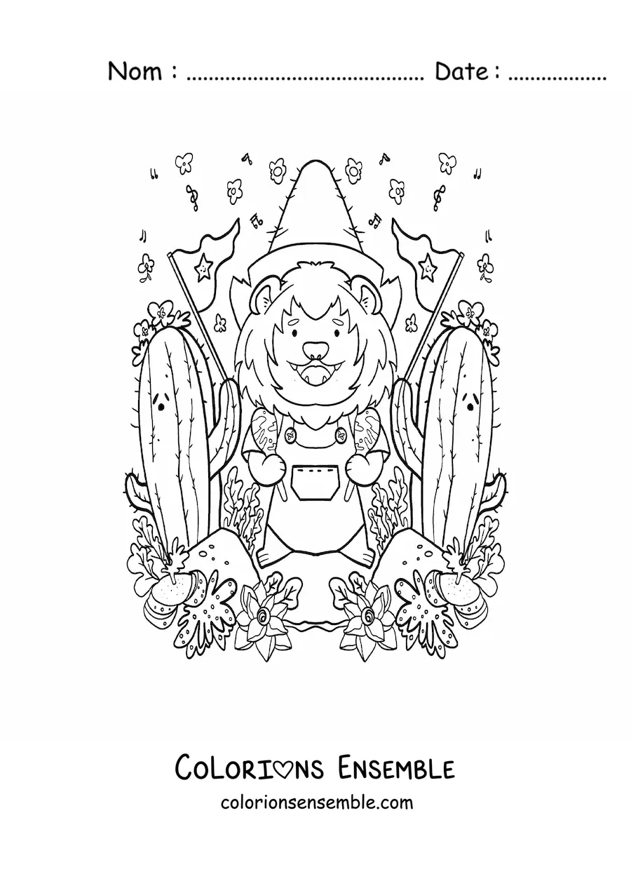 Image à colorier d'un lion kawaii animé avec un cactus
