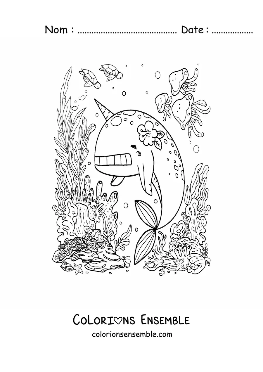 Image à colorier d'un narval kawaii animé dans la mer