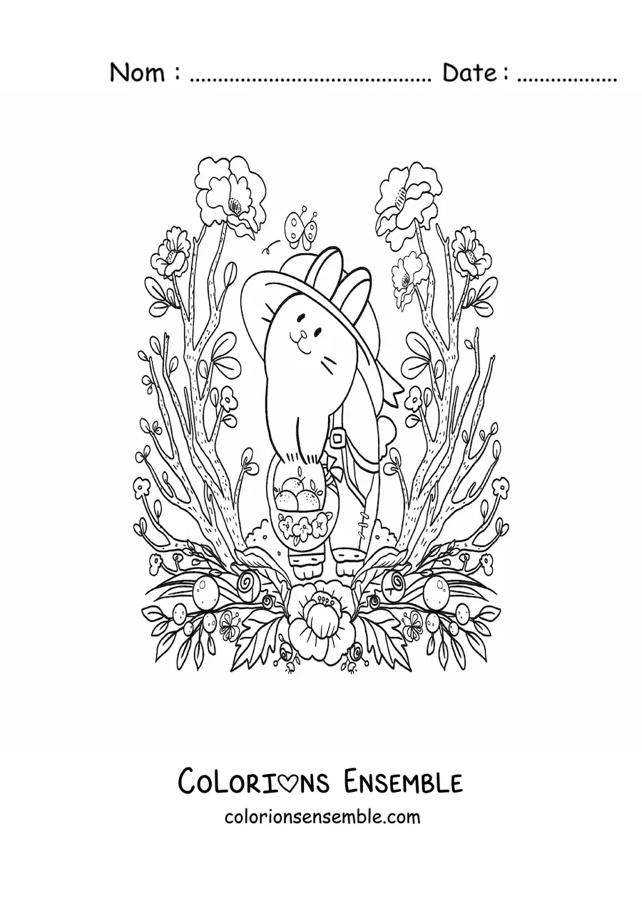 Image à colorier d'un petit lapin kawaii animé qui récolte des oranges