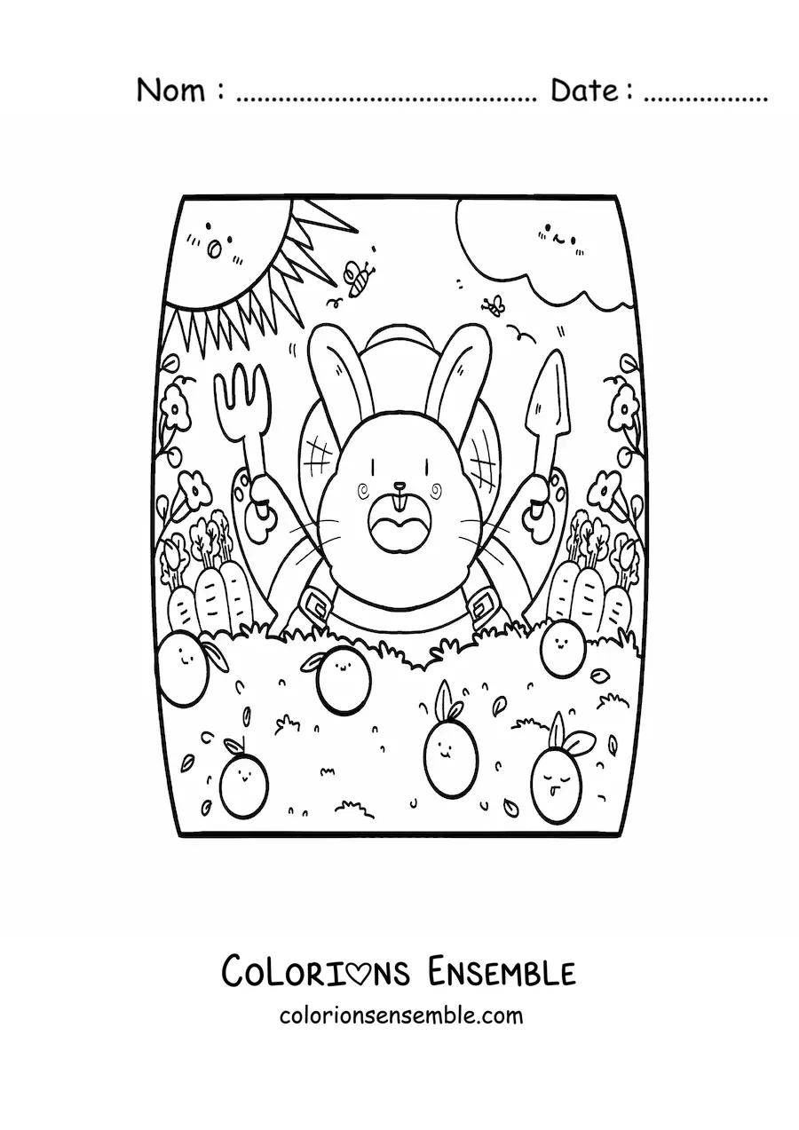 Image à colorier d'un mignon lapin animé qui mange des oranges