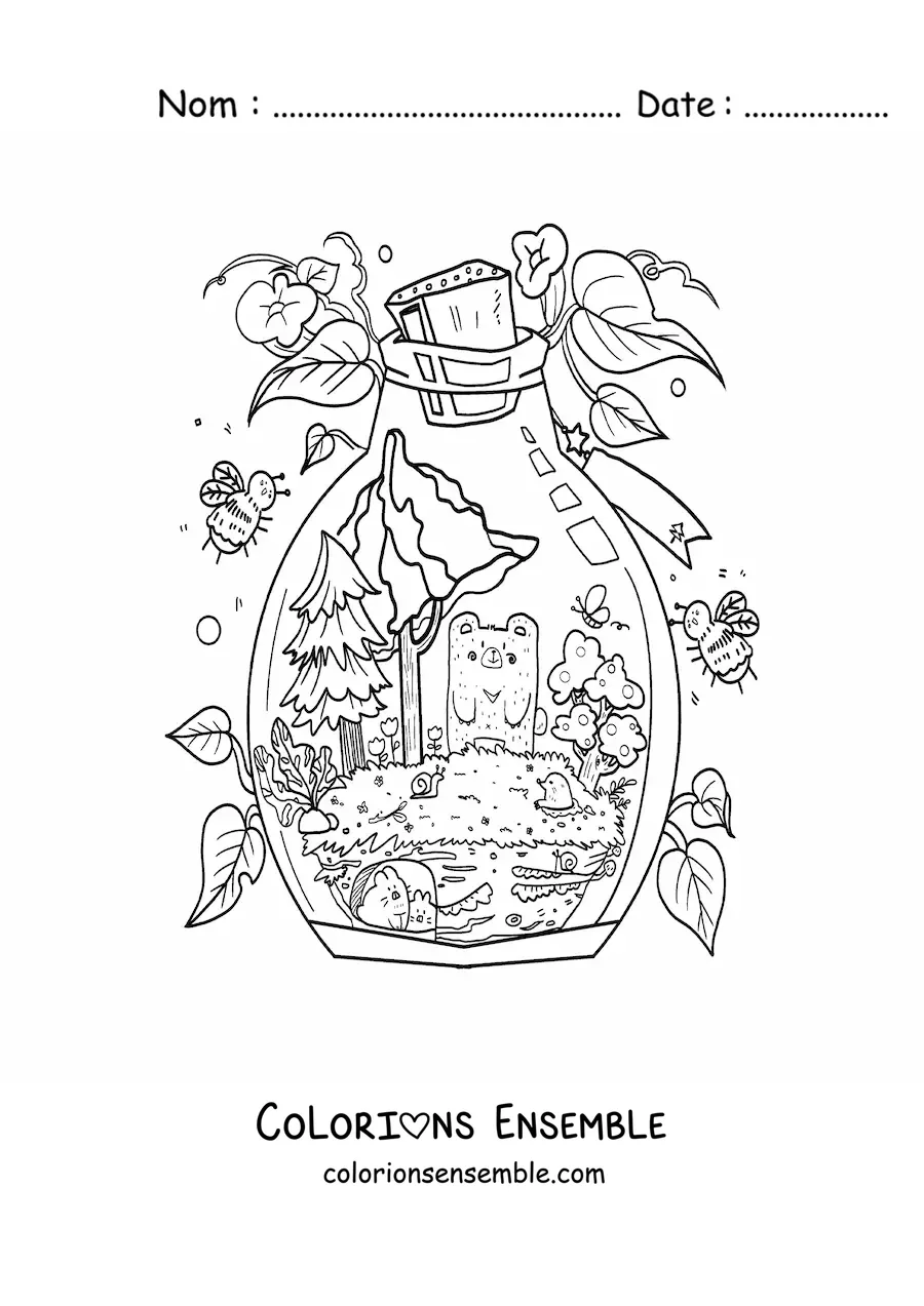 Coloriage d'un petit ours kawaii dans une forêt magique enfermée dans une bouteille