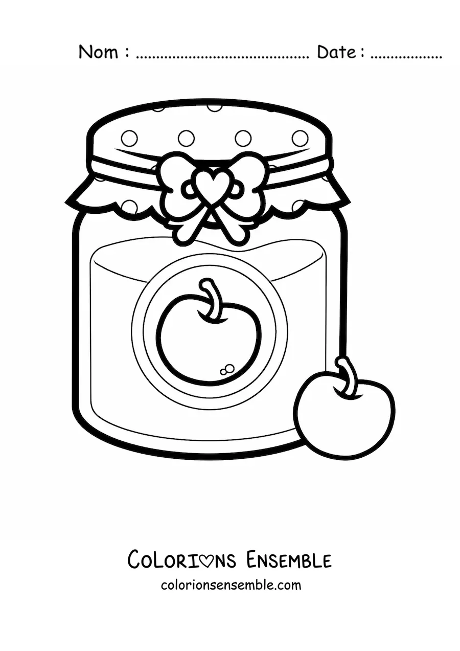 Image à colorier d'un pot de gelée de cerise avec une cerise à côté