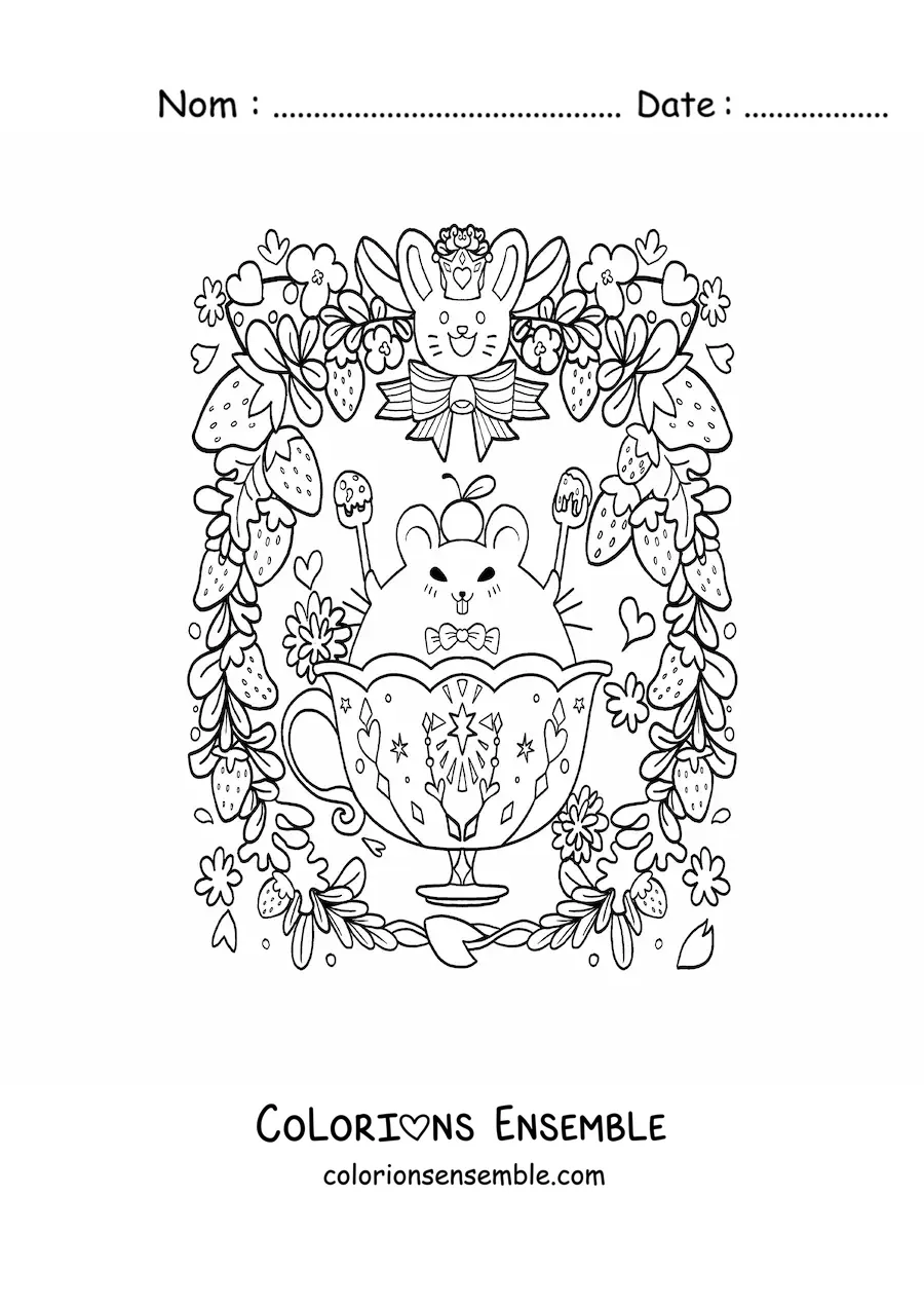 Coloriage d'une souris kawaii avec des fraises