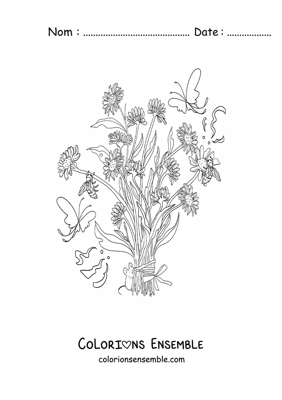 Coloriage d'un bouquet de fleurs avec une souris kawaii et des papillons
