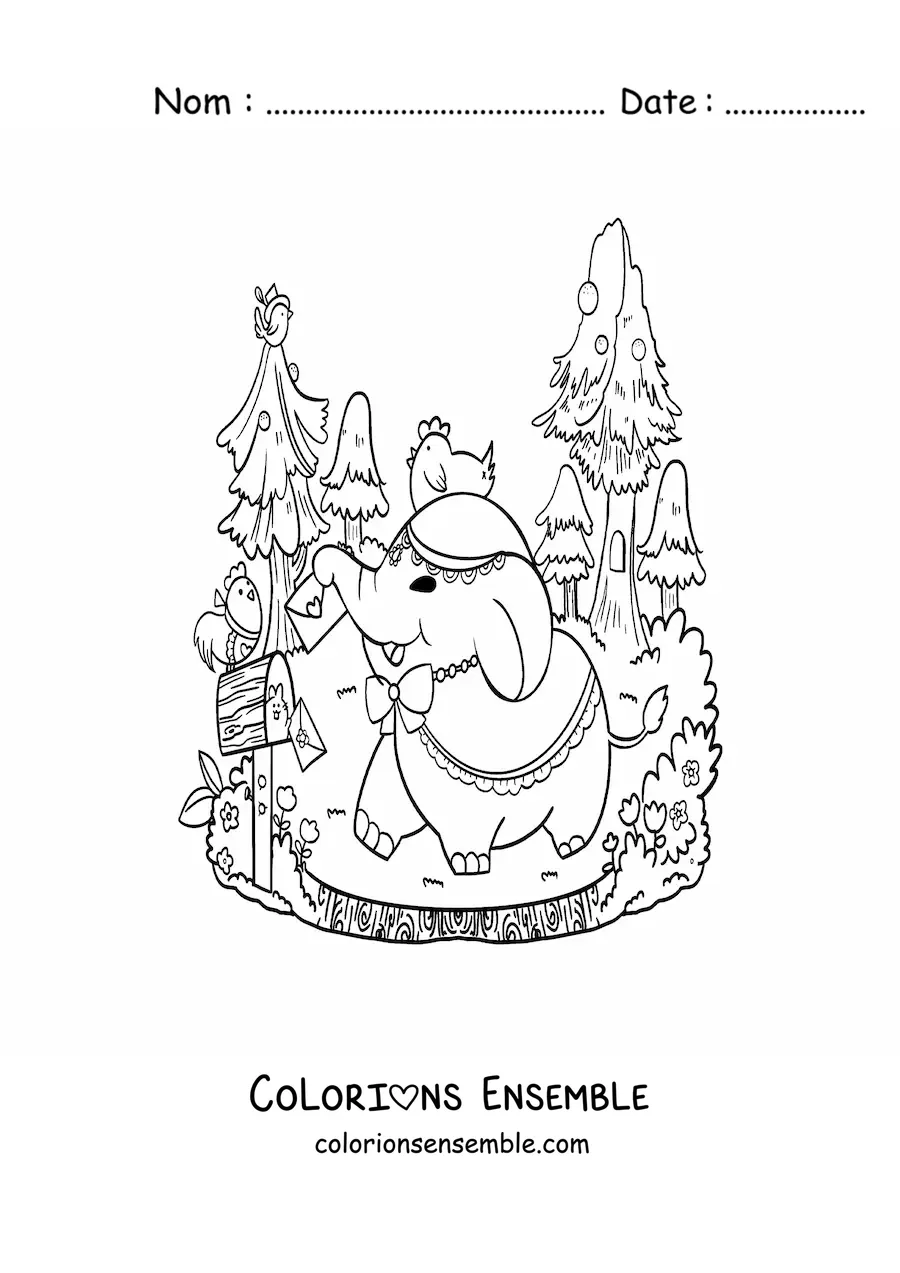 Coloriage d'un éléphant kawaii qui relève son courrier dans la forêt
