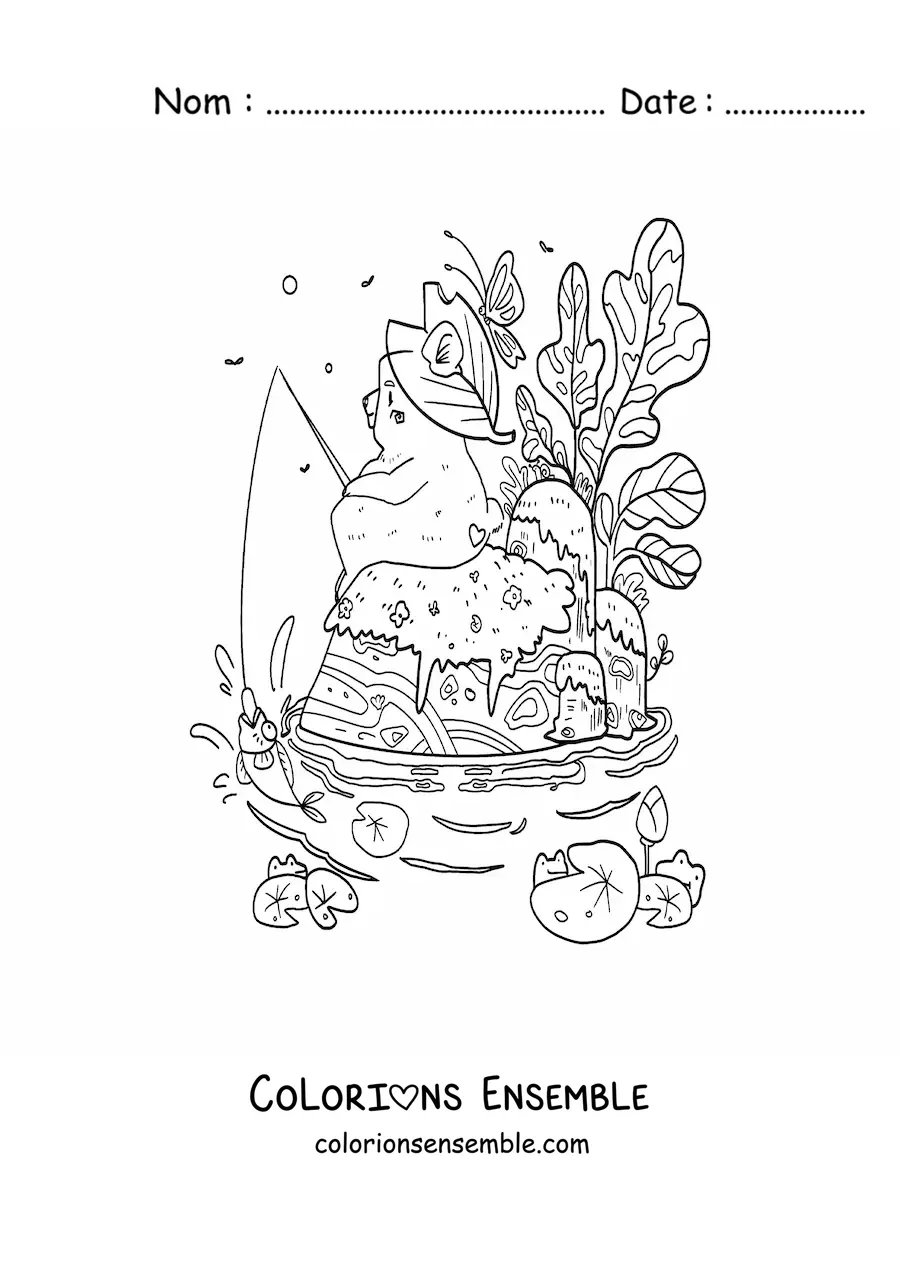 Coloriage d'un ours kawaii assis au bord du lac