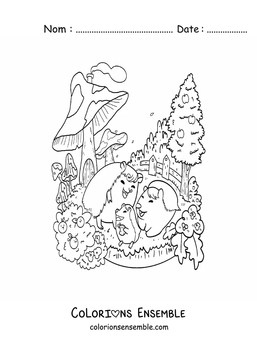 Coloriage de porcs-épics kawaii dans un jardin magique