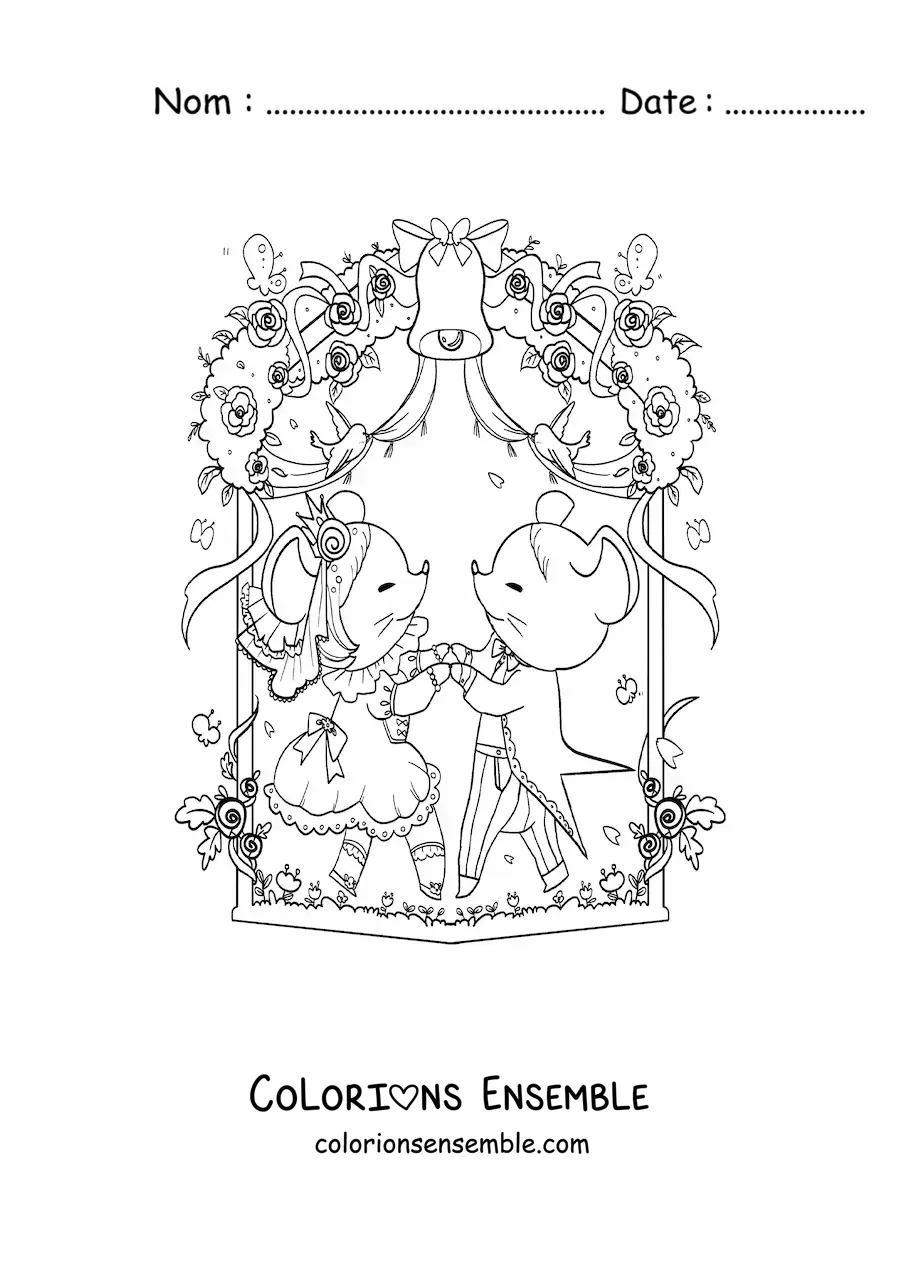 Coloriage de souris kawaii qui dansent la valse