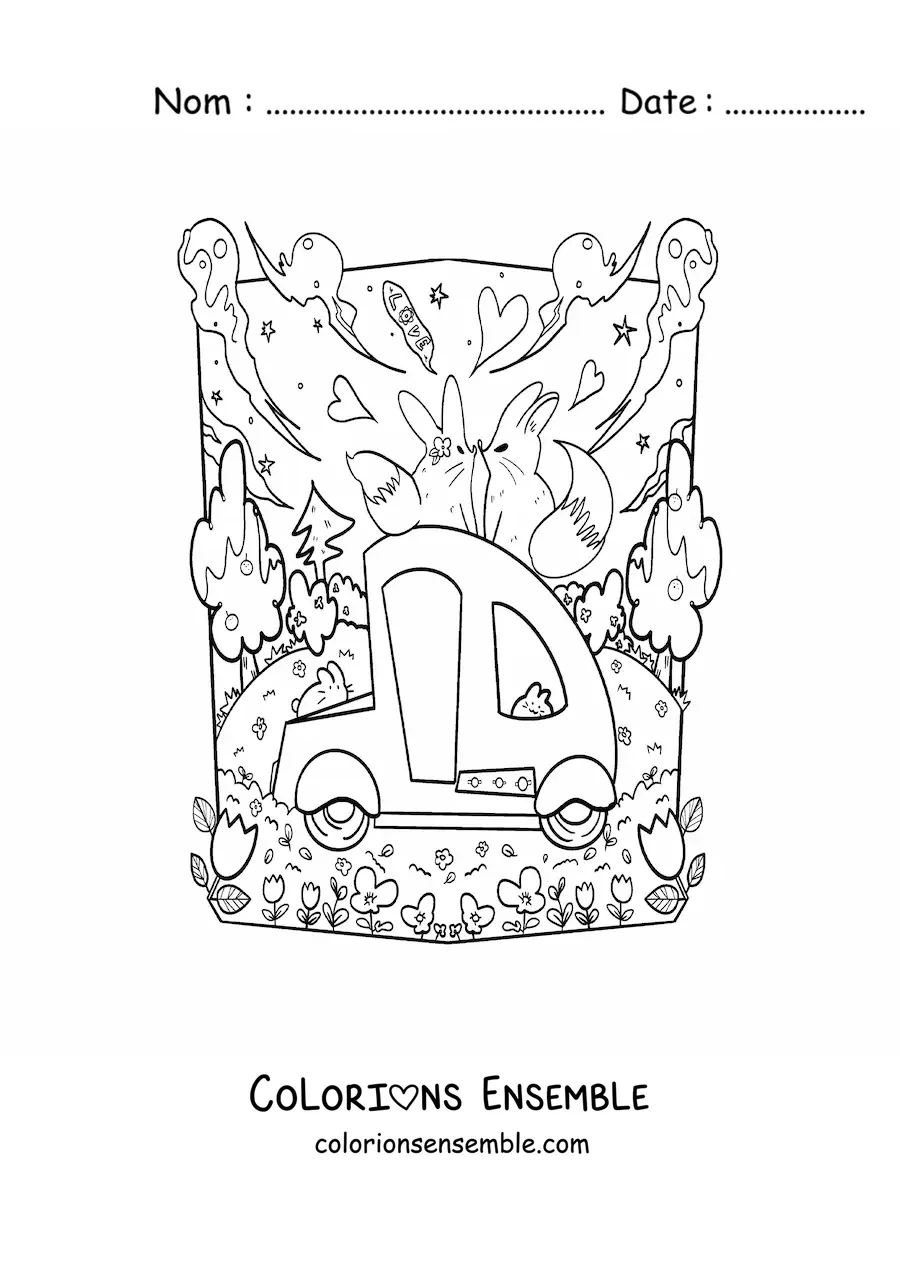 Coloriage de mignons renards amoureux dans une charrette