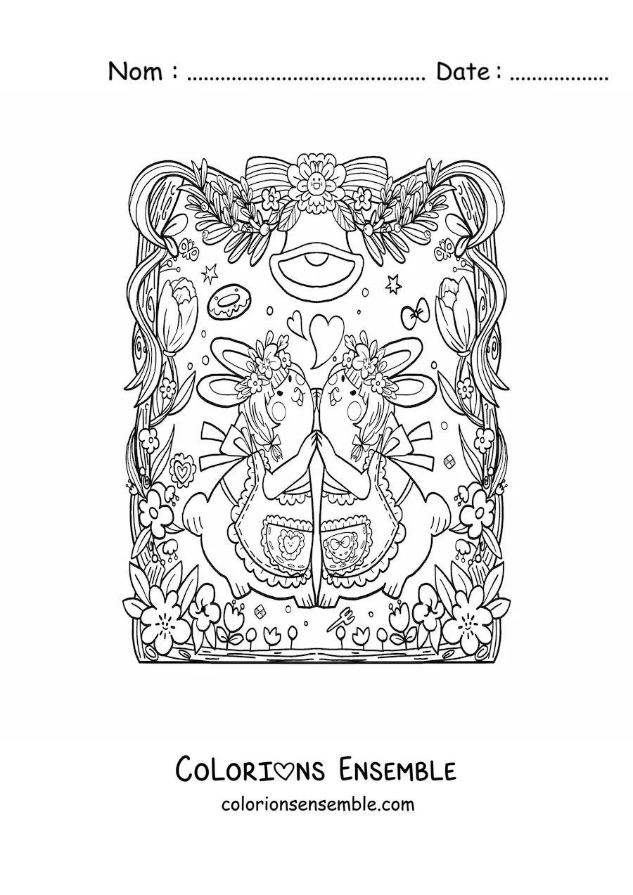 Coloriage de mignons lapins amoureux qui dansent
