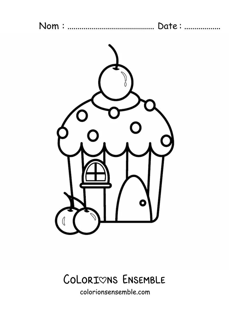 Image à colorier d'une maison en cupcake avec une cerise sur le toit