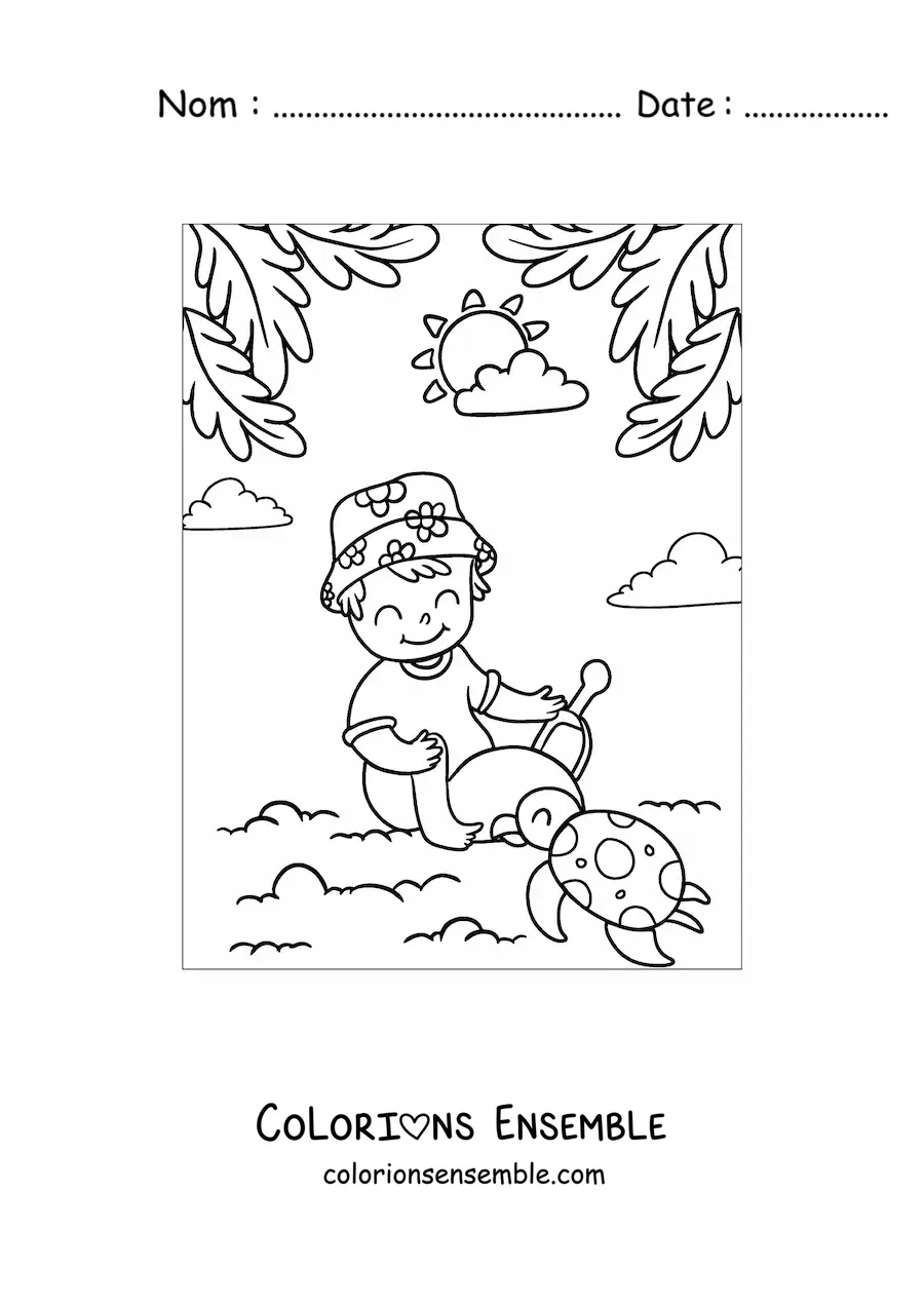 Coloriage d'un petit garçon qui joue avec une tortue à la plage