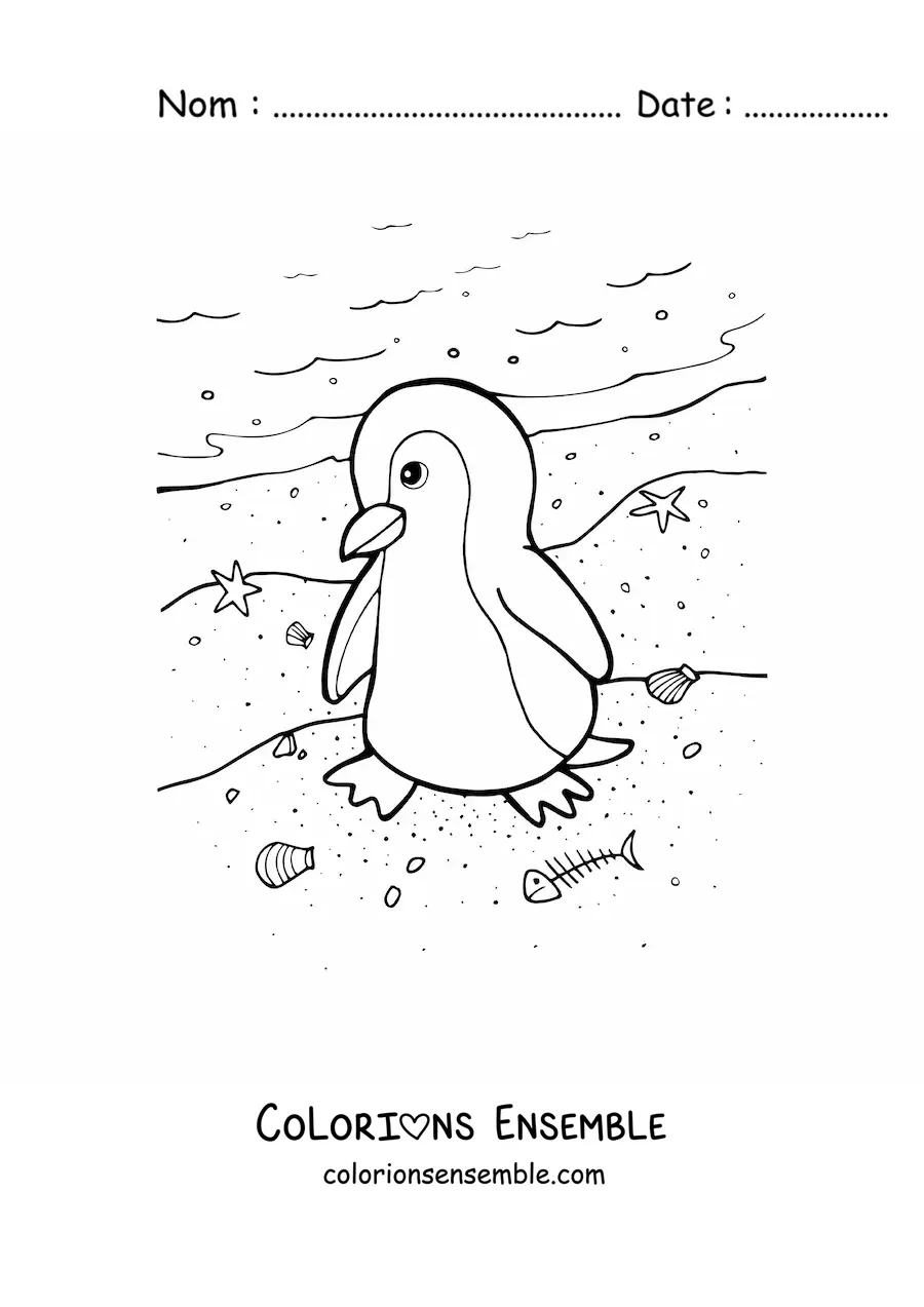 Coloriage d'un pingouin au bord de la plage