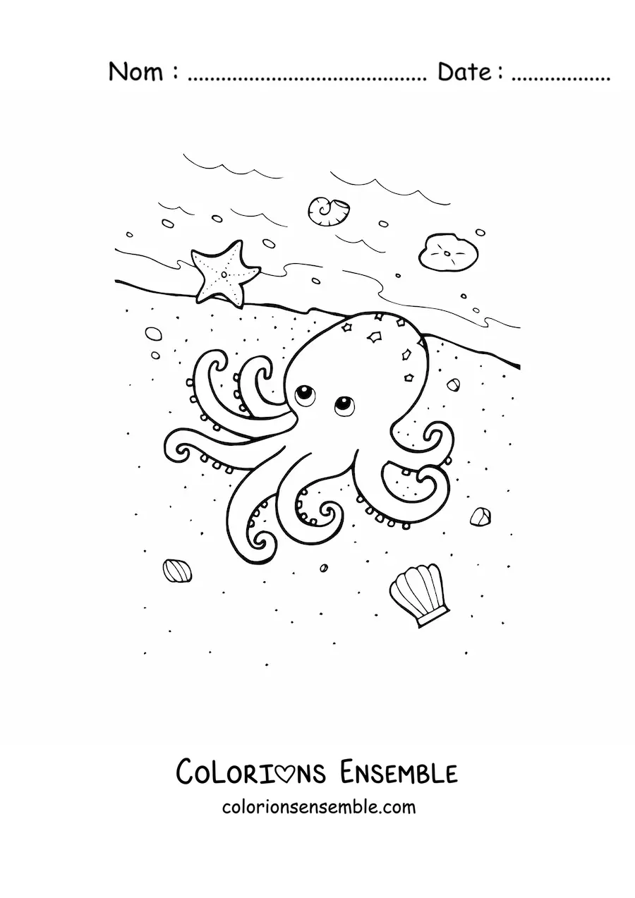 Coloriage d'une pieuvre au bord de la mer