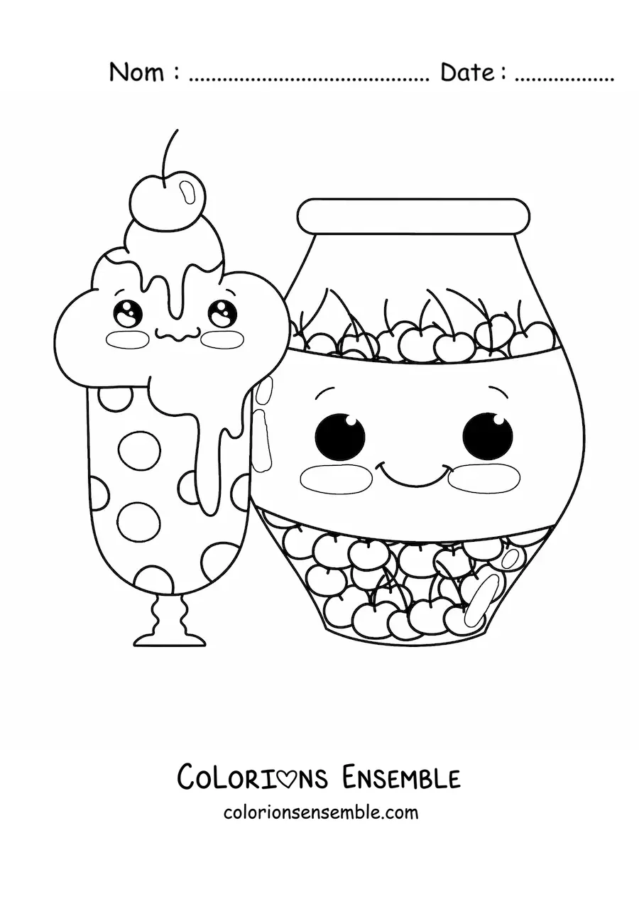 Image à colorier d'une glace kawaii avec une cerise et un pot de cerises à côté