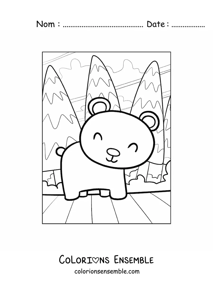 Coloriage d'un petit ours kawaii dans la forêt
