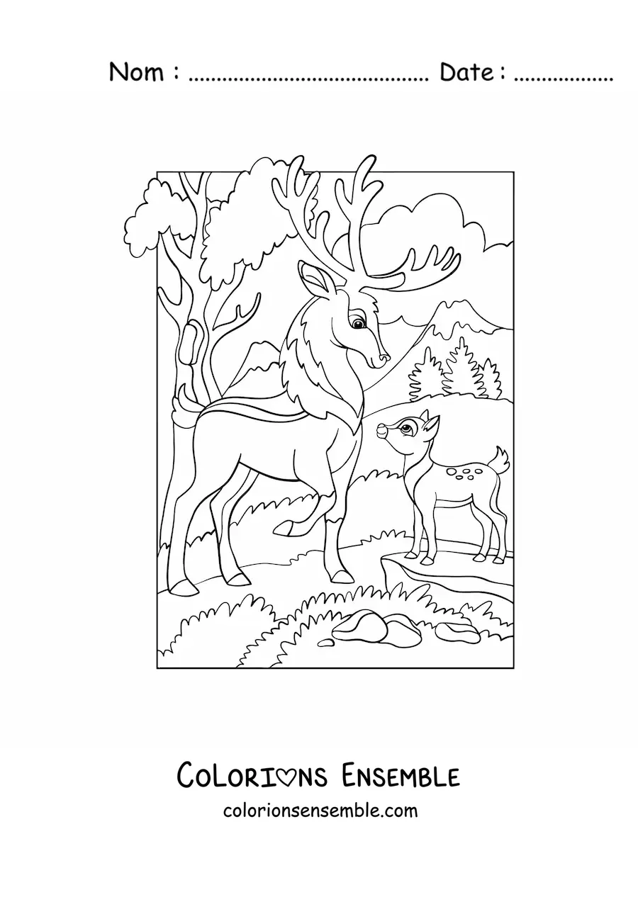 Coloriage de cerfs dans la forêt