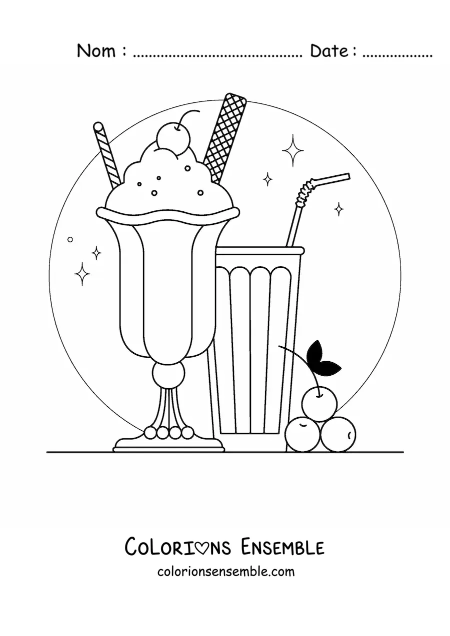 Image à colorier d'une glace avec des cerises et d'un verre avec une paille