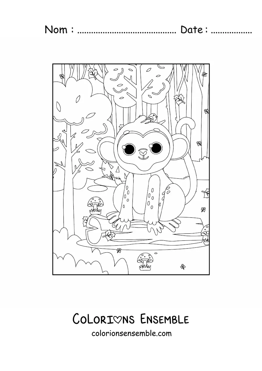 Coloriage d'un singe kawaii de la forêt tropicale