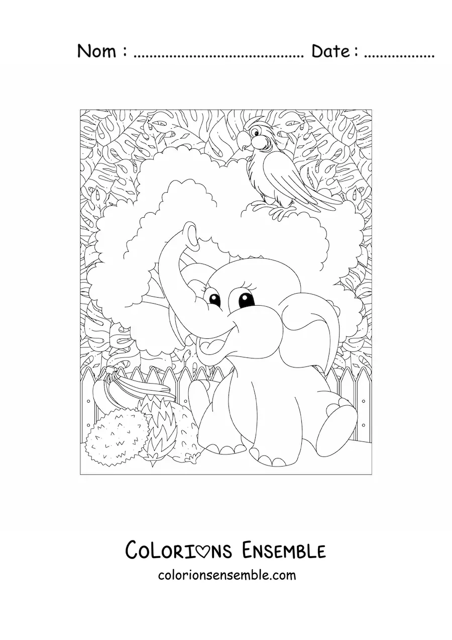 Coloriage d'un éléphant kawaii dans la jungle