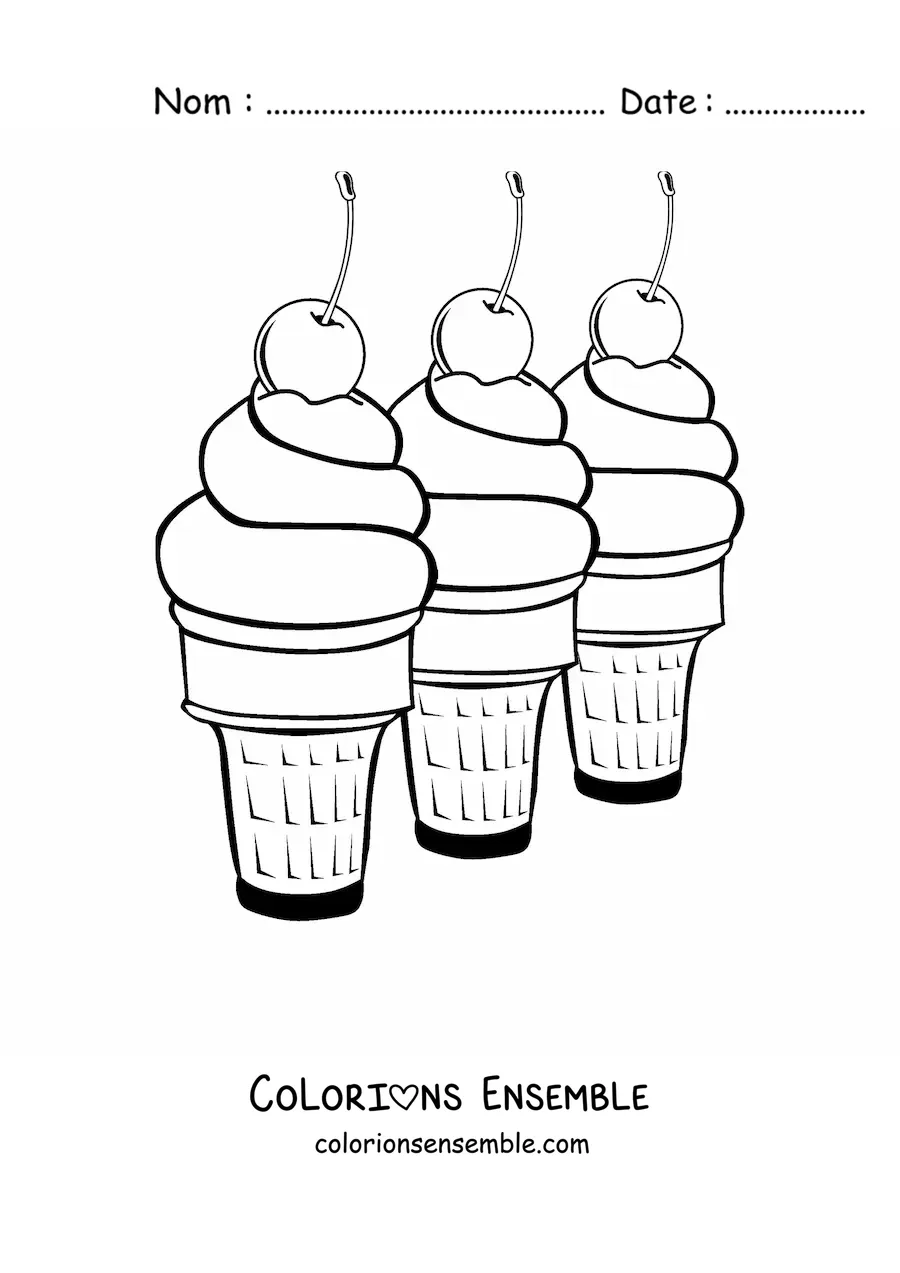 Image à colorier de trois glaces alignées avec des cerises