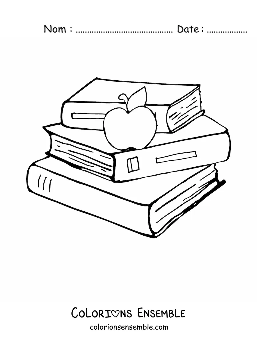Image à colorier d’une pomme posée sur une pile de livres d’école