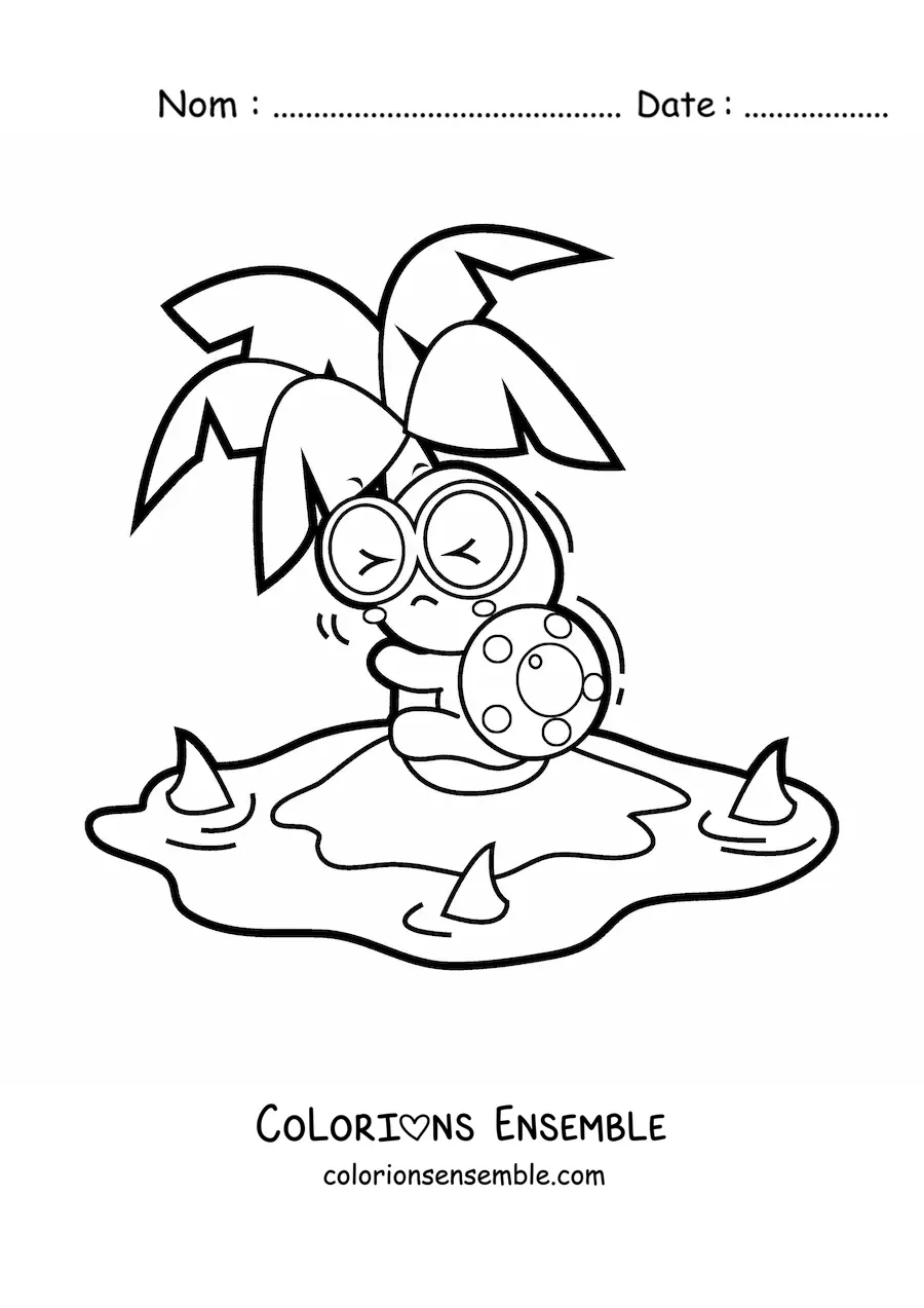 Coloriage d'une tortue kawaii sur une île avec des requins