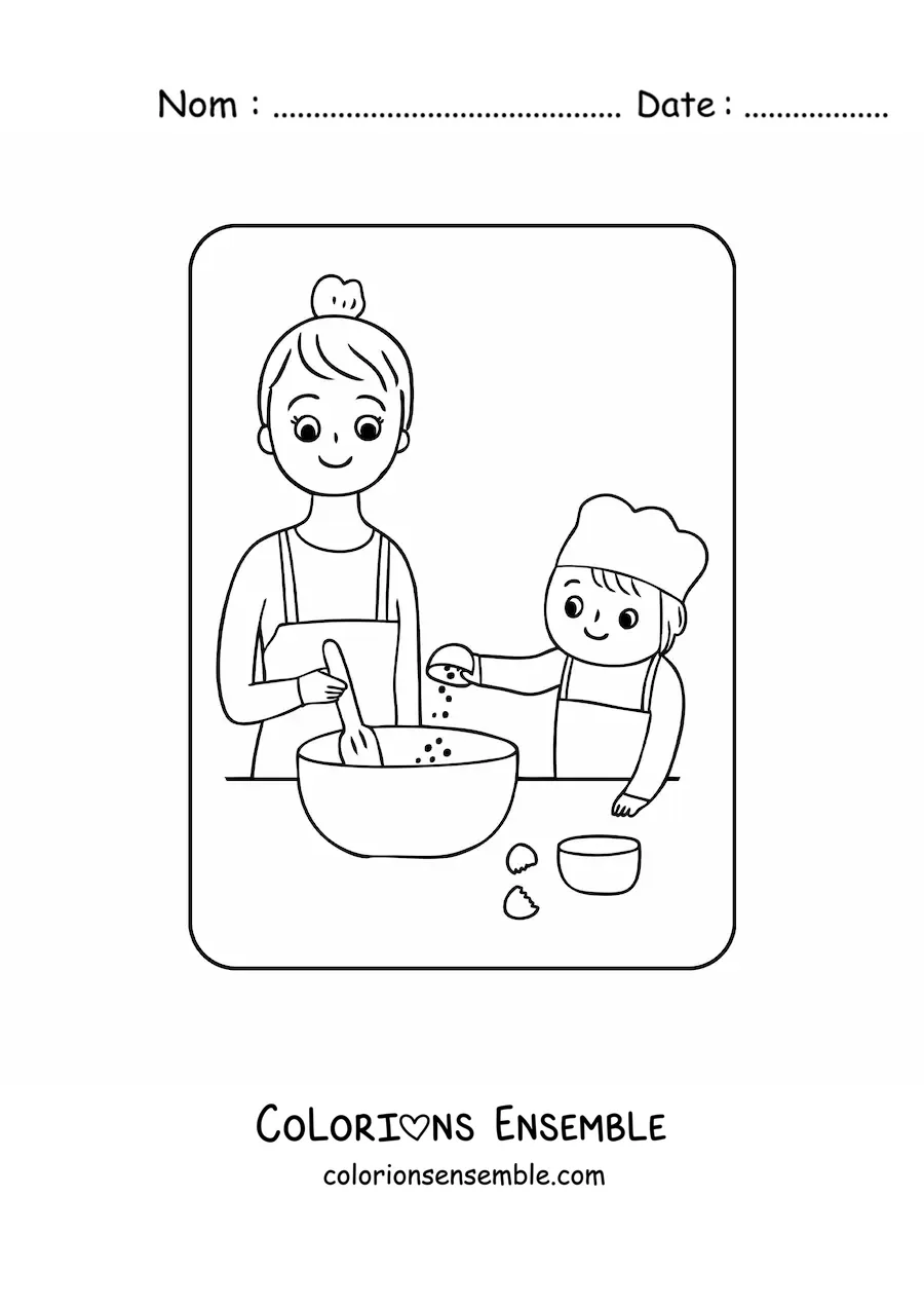 Coloriage d'un fils qui cuisine avec sa maman pour la fête des mères