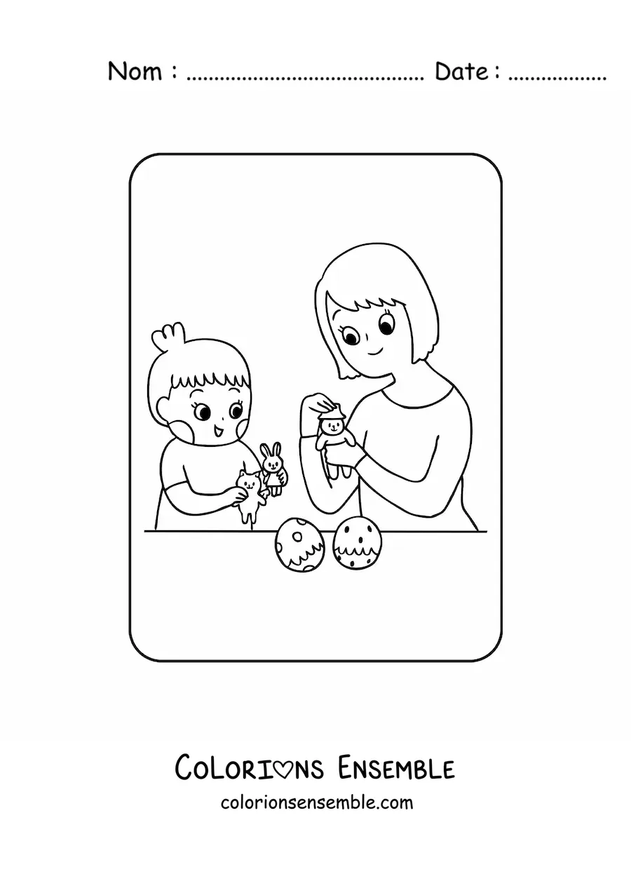 Coloriage d'une fillette kawaii qui joue à la poupée avec sa maman pour la fête des mères
