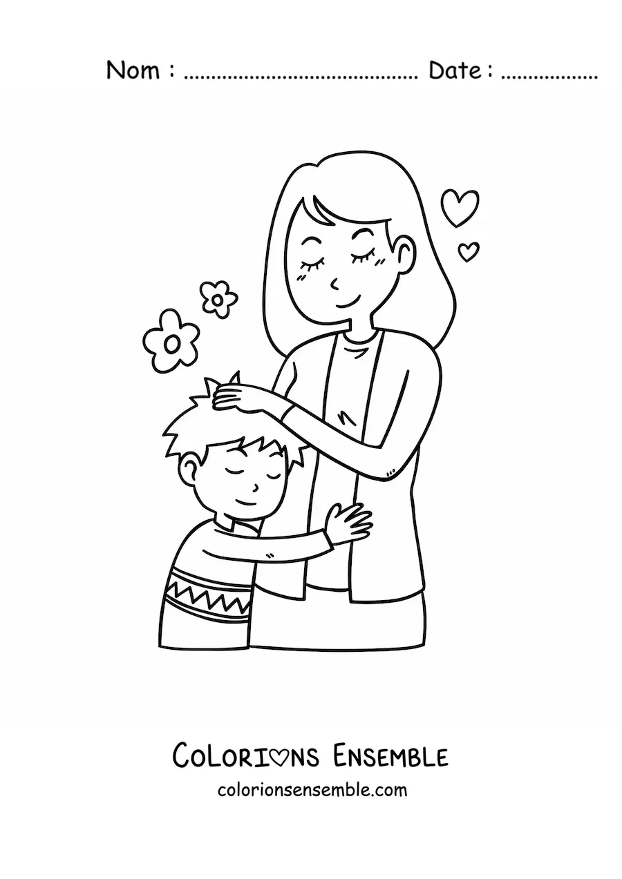 Coloriage d'un petit garçon kawaii qui serre sa maman dans ses bras pour la fête des mères
