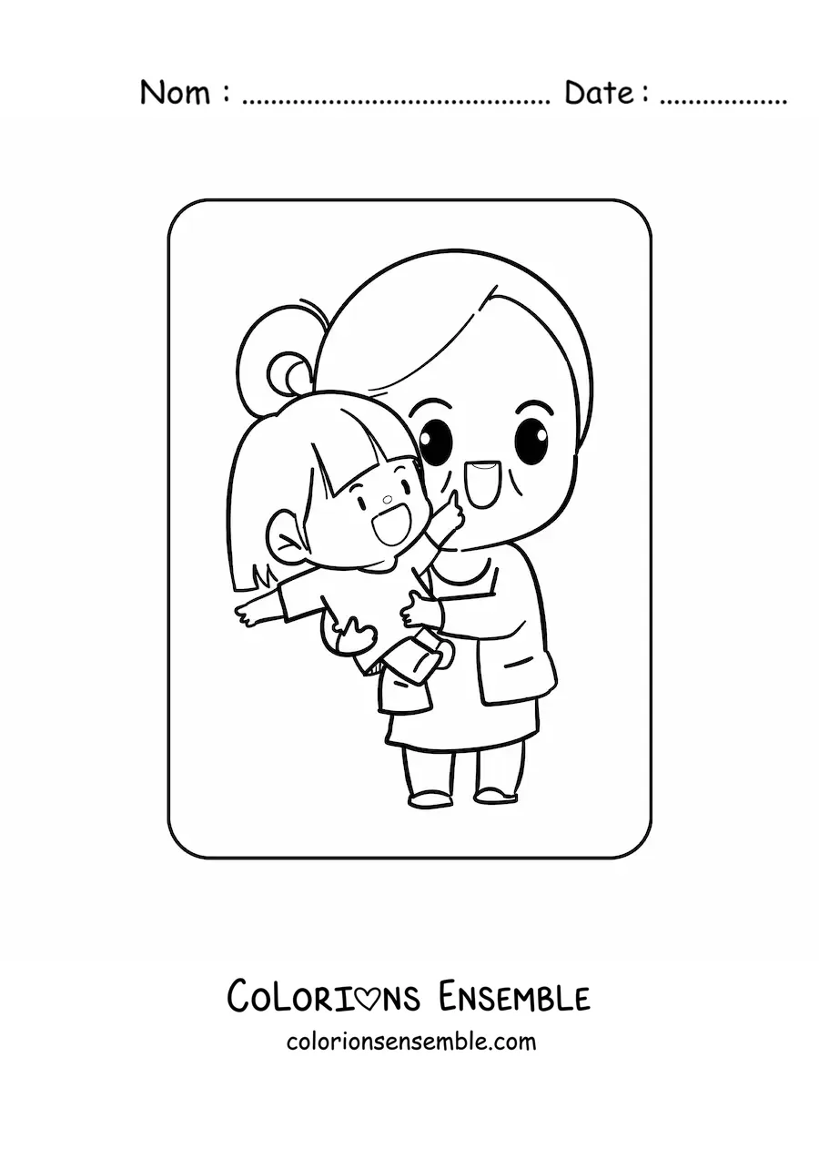 Coloriage d'une grand-mère kawaii qui porte sa petite-fille pour la fête des grands-parents