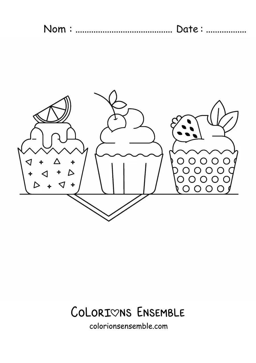 Image à colorier de trois cupcakes décorés avec un citron, une cerise et une fraise