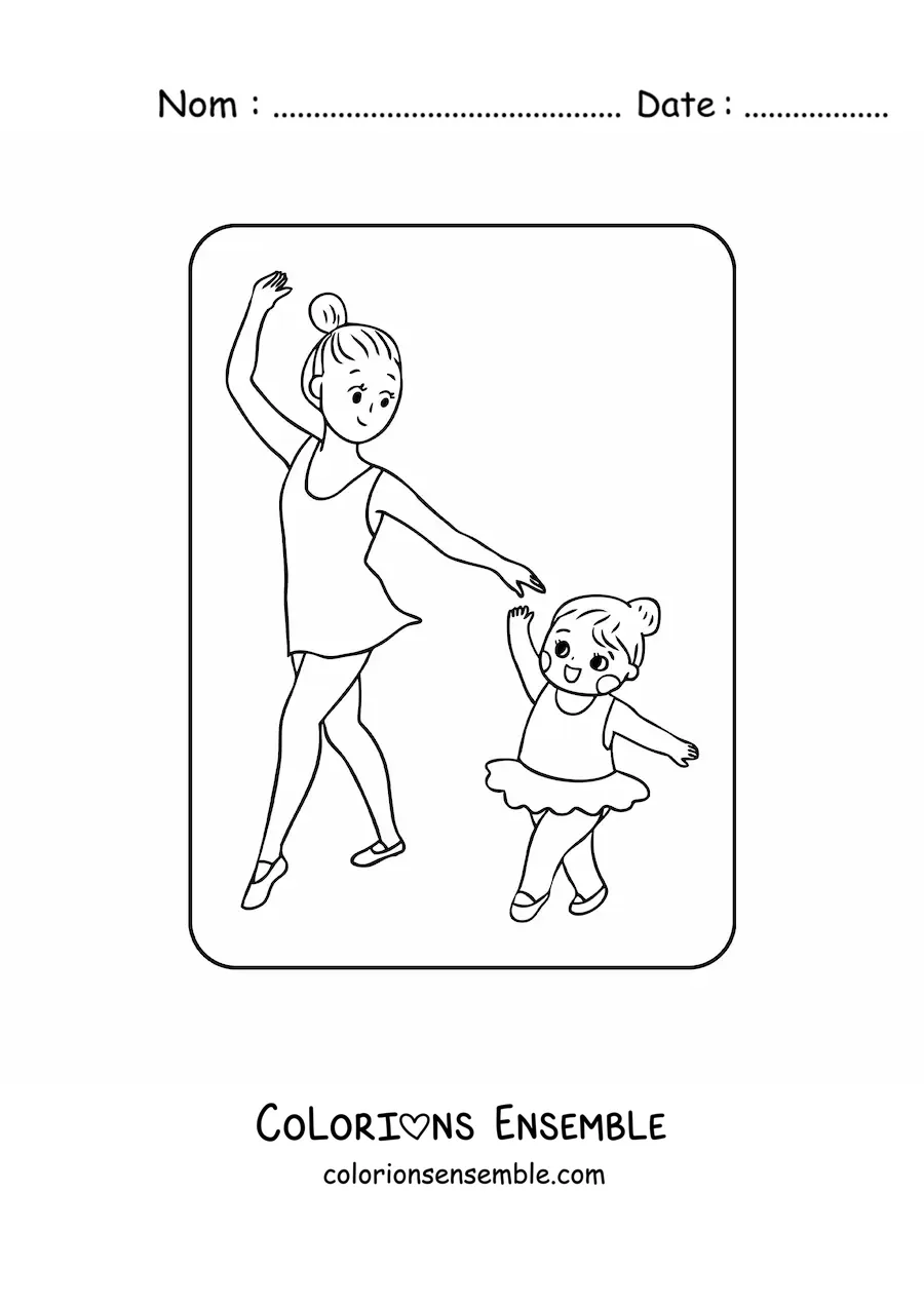 Coloriage d'une fillette kawaii qui danse le ballet avec sa maman pour la fête des mères