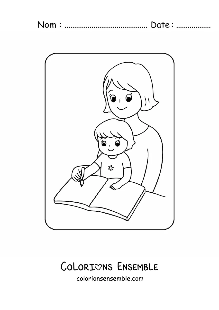 Coloriage d'une fillette kawaii qui fait ses devoirs avec sa maman pour la fête des mères