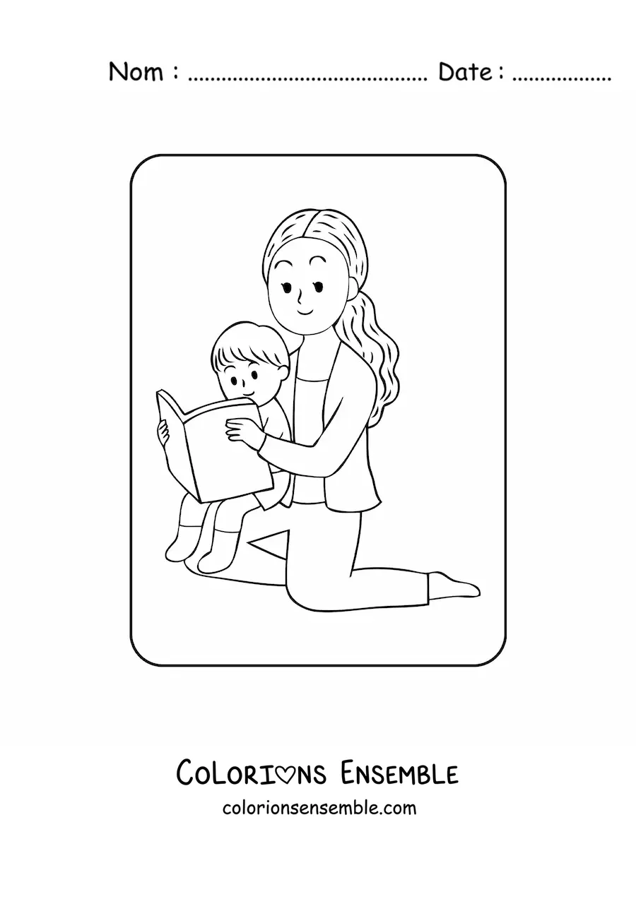 Coloriage d'un petit garçon kawaii qui lit avec sa maman pour la fête des mères