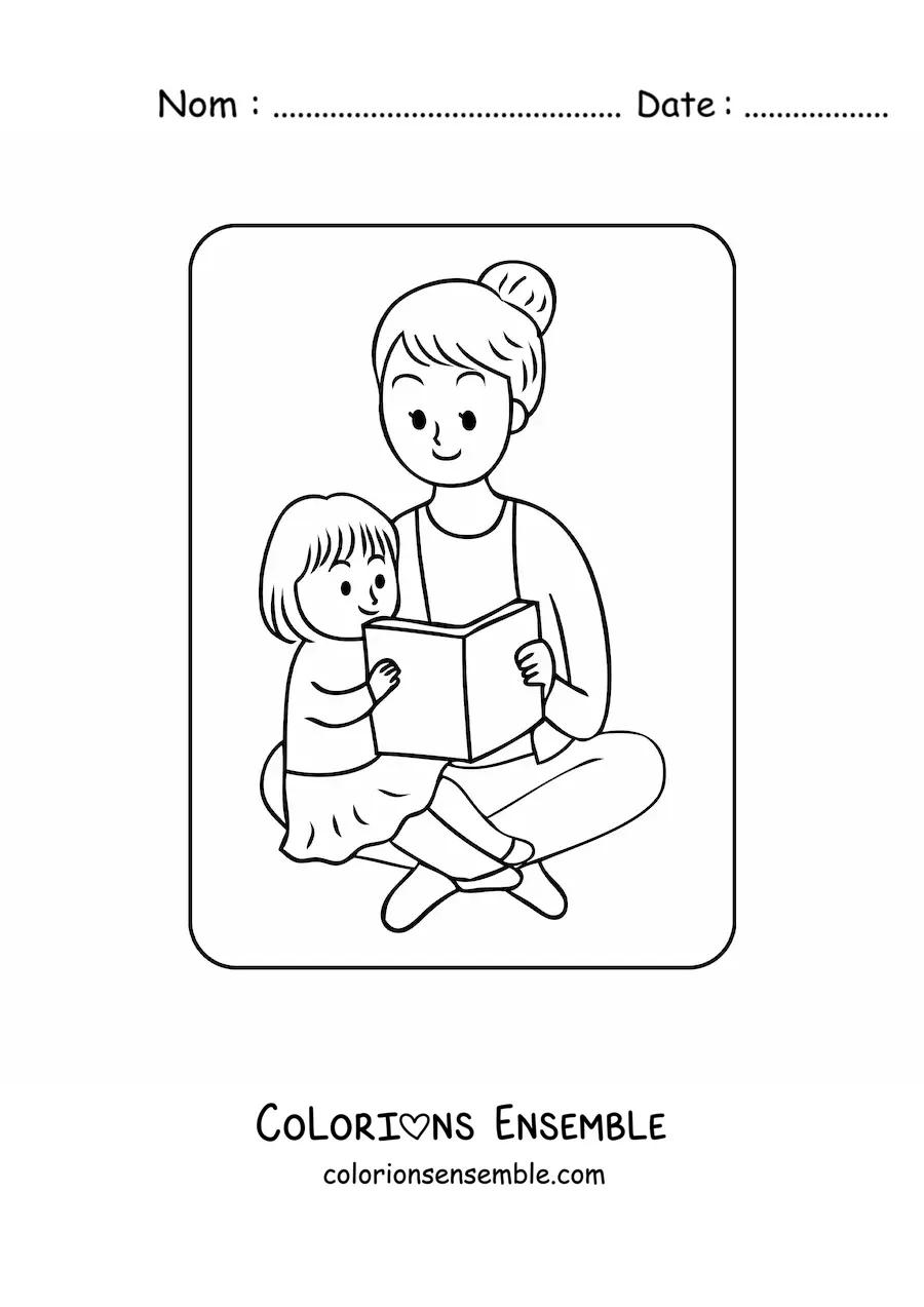 Coloriage d'une fillette kawaii qui lit avec sa maman pour la fête des mères