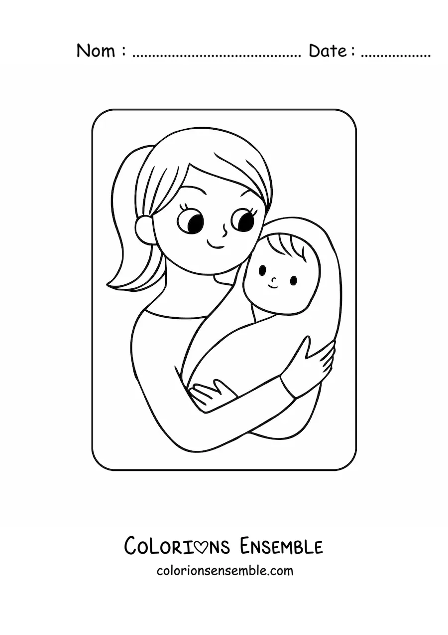 Coloriage d'un bébé kawaii dans les bras de sa maman pour la fête des mères