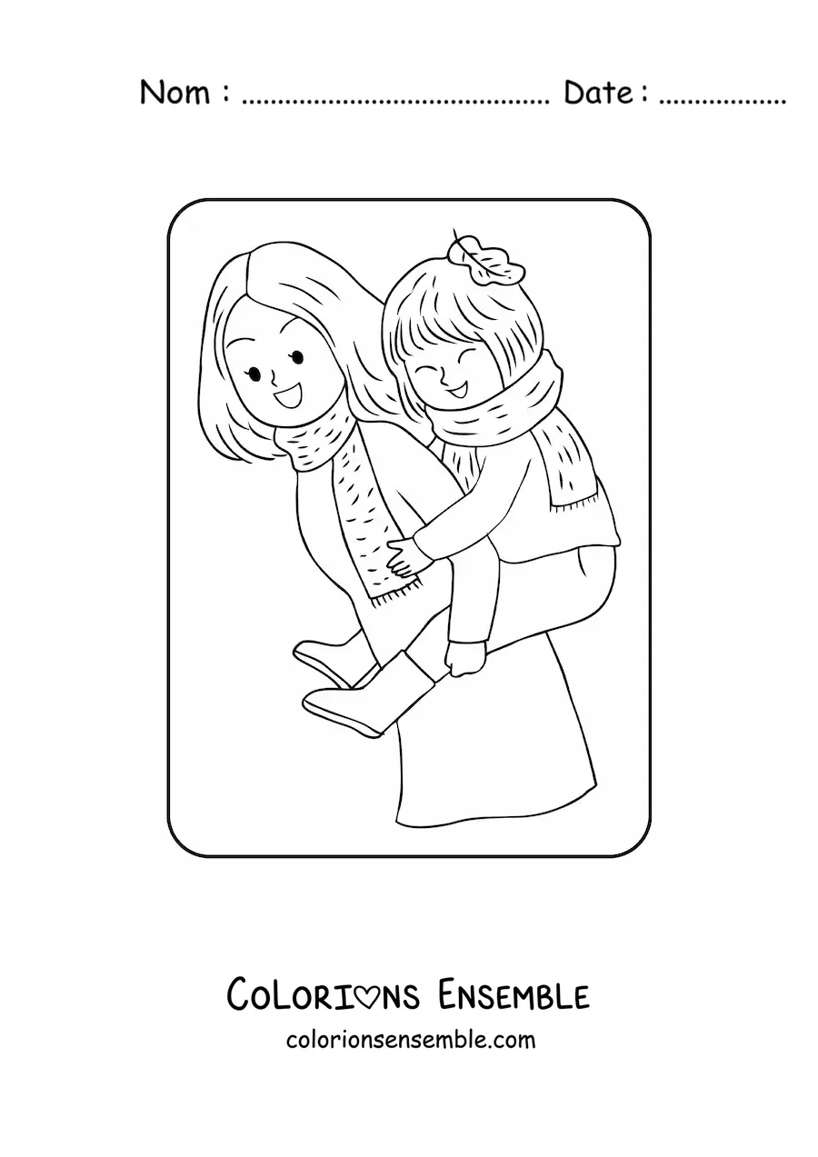 Coloriage d'une maman kawaii qui porte sa fille