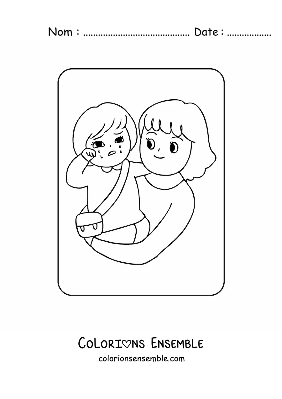 Coloriage d'une fillette kawaii qui pleure dans les bras de sa maman